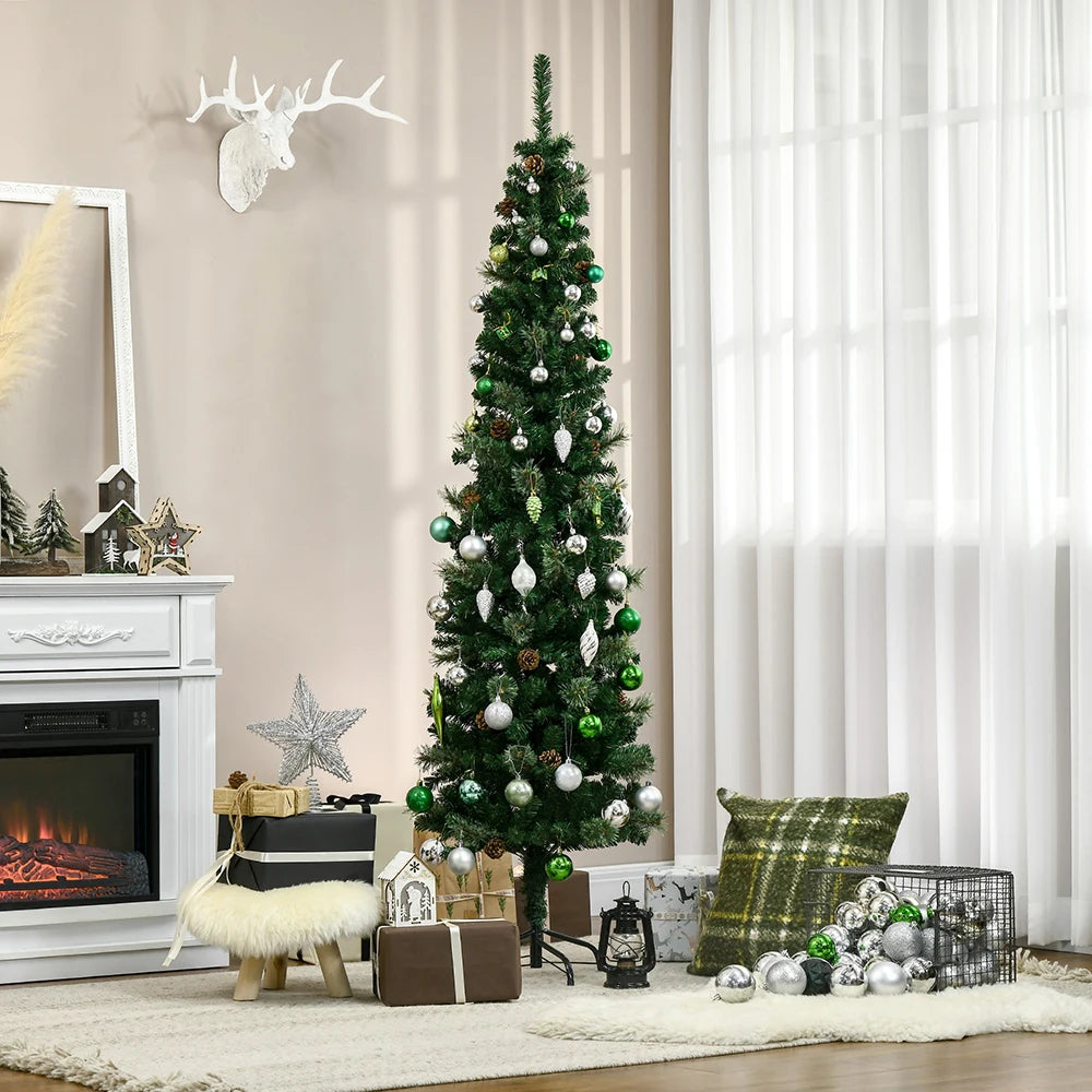 6.5 / 7.5 / 9.5ft Green Slim Pencil Christmas Tree with Realistic Branches, Pine Cones & Metal Base,