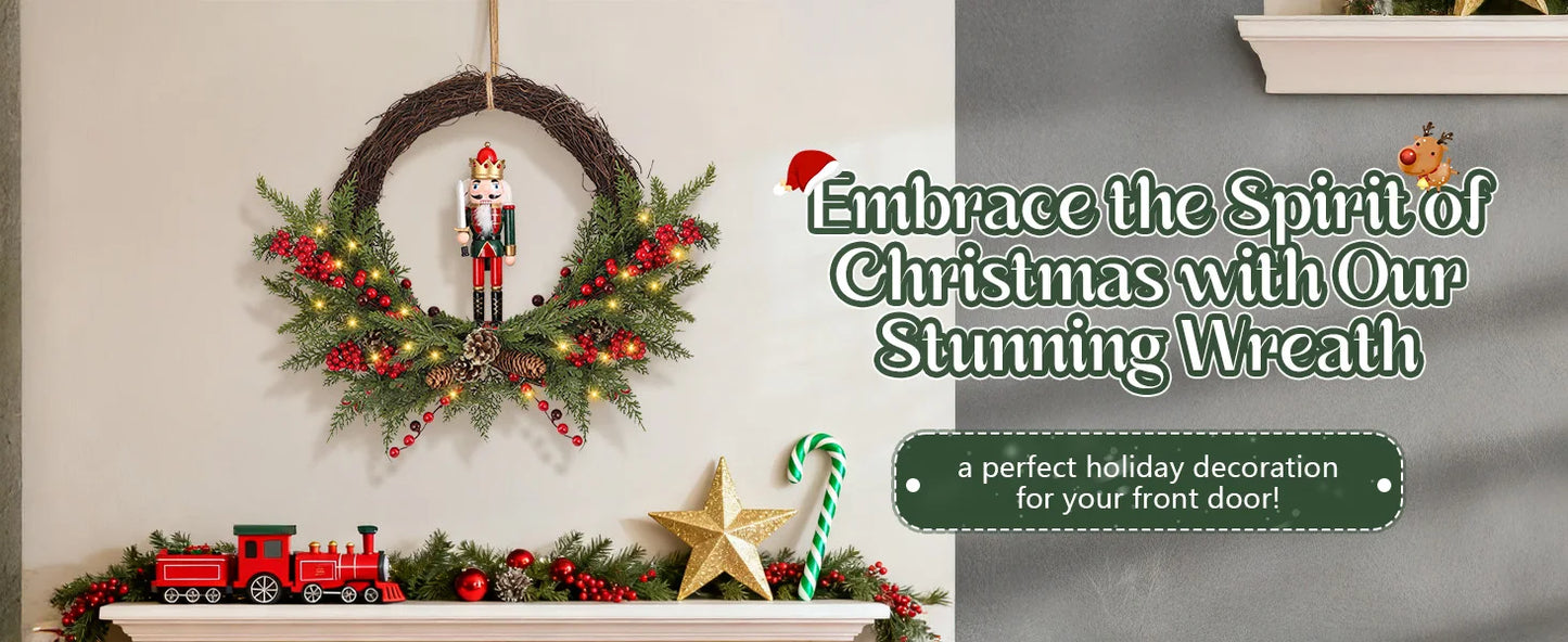 24" Christmas wreath  Christmas nutcracker wreath  Christmas nutcracker and berry wreath 30 LED Lights, Battery Operated Christm