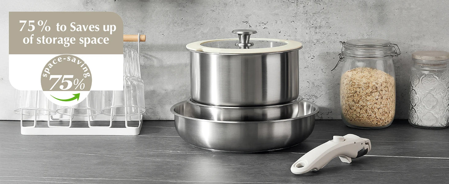 KOCH SYSTEME CS 7-Piece Stainless Steel Cookware Set with Detachable Handle – Induction Ready, Oven Safe, Space-Saving Design