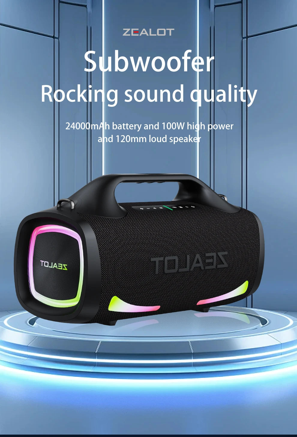 ZEALOT 100W Portable Bluetooth Subwoofer Speaker – 24000mAh Battery, RGB Lights, Waterproof, Wireless Pairing