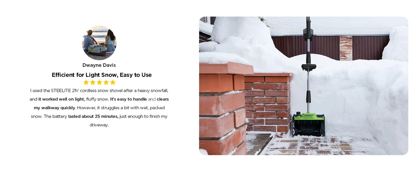 Deli 21V Cordless Snow Shovel with 4.0Ah Battery – 12" Clearing Width, 20FT Throw Distance, 60° Adjustable Chute & Lightweight Design