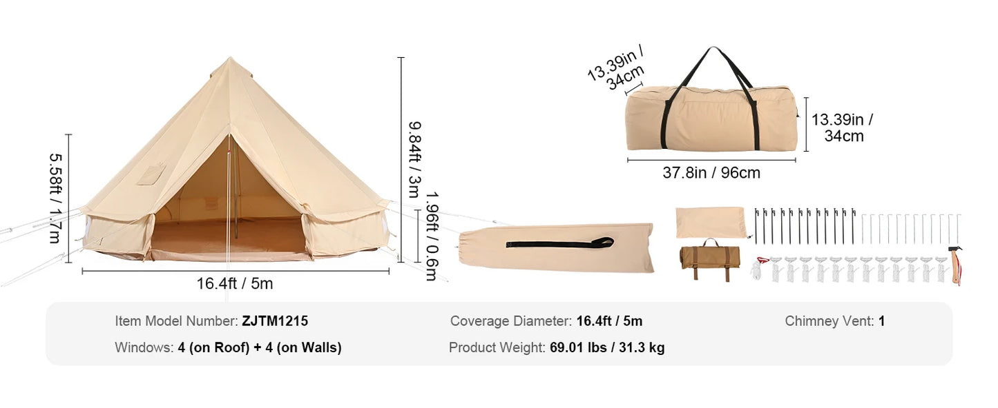 SucceBuy 16.4FT Canvas Bell Tent for Camping – 4 Season Yurt Tent with Stove Jack, Breathable TC Cotton, Sleeps Up to 8 People