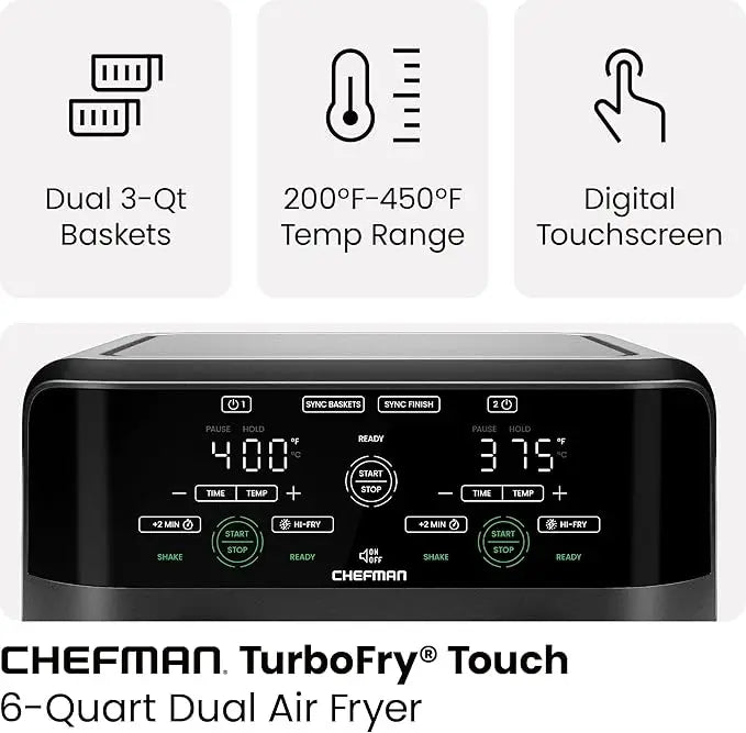 Chefman TurboFry® Touch 6-Quart Dual Basket Air Fryer – Sync Cook Finish, Hi-Fry Crisp Mode, Digital Touchscreen