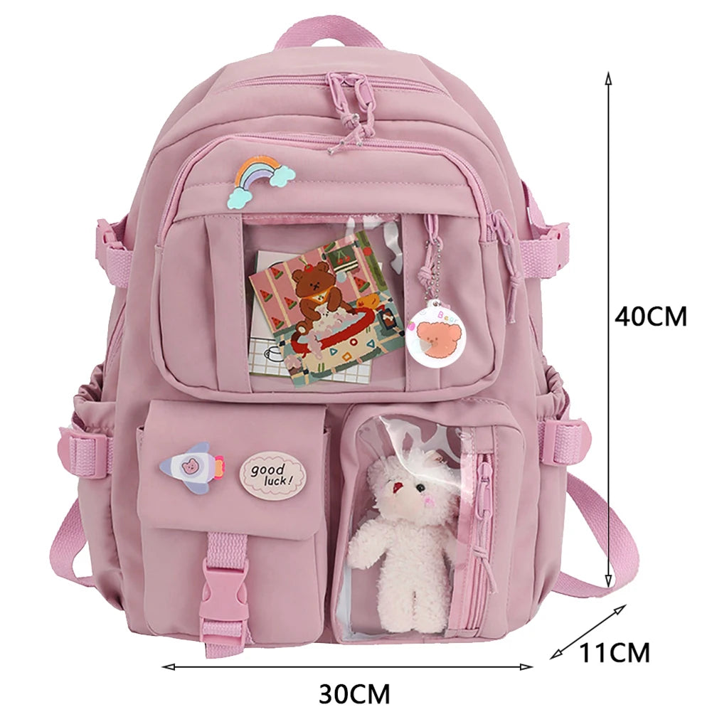Kawaii Nylon College Backpack with Plush Pendant and Pins – Large Capacity Student Schoolbag