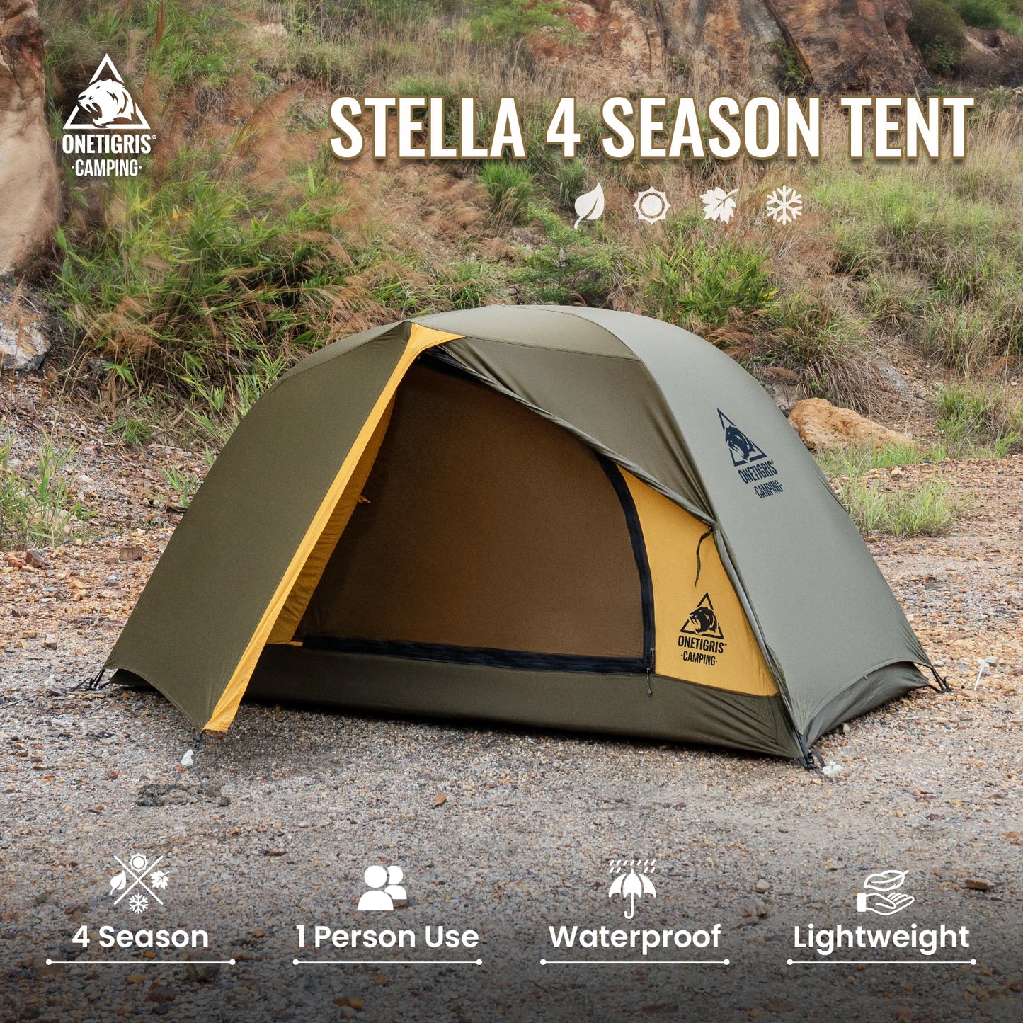 OneTigris STELLA 4 Season Camping Tent – Lightweight Waterproof Backpacking Tent for 1-2 Person Outdoor Adventures