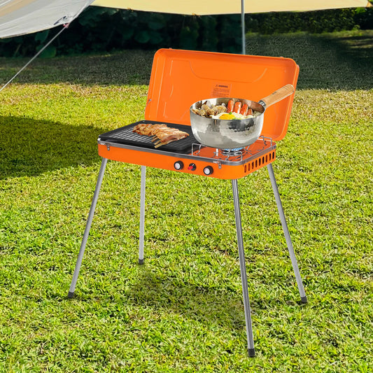 Portable Dual-Burner Gas Grill Stove with Legs – Outdoor Tabletop BBQ Cooker for Camping & Picnics