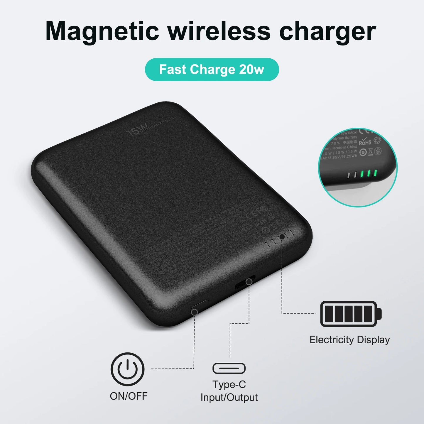 Magnetic Wireless Power Bank 5000mAh – Slim & Portable Fast Charger