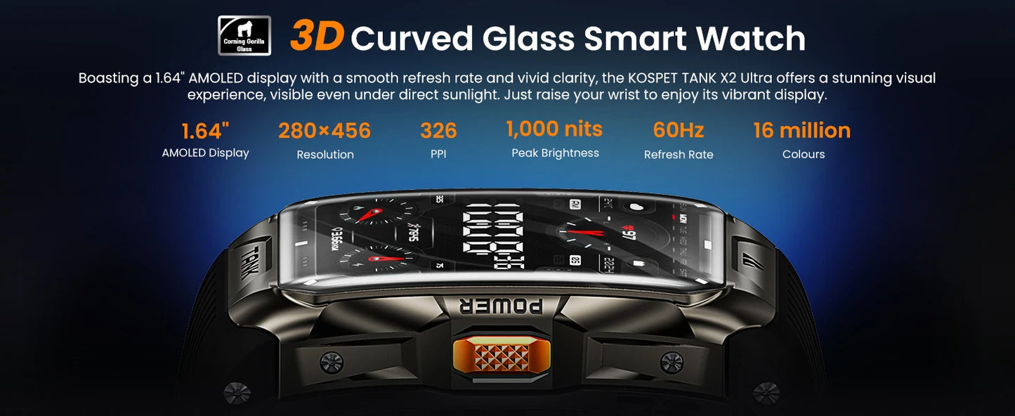 KOSPET TANK X2 Ultra GPS Smart Watch – Military Grade, 3D Curved AMOLED Display, Compass & Altimeter, Waterproof Smartwatch