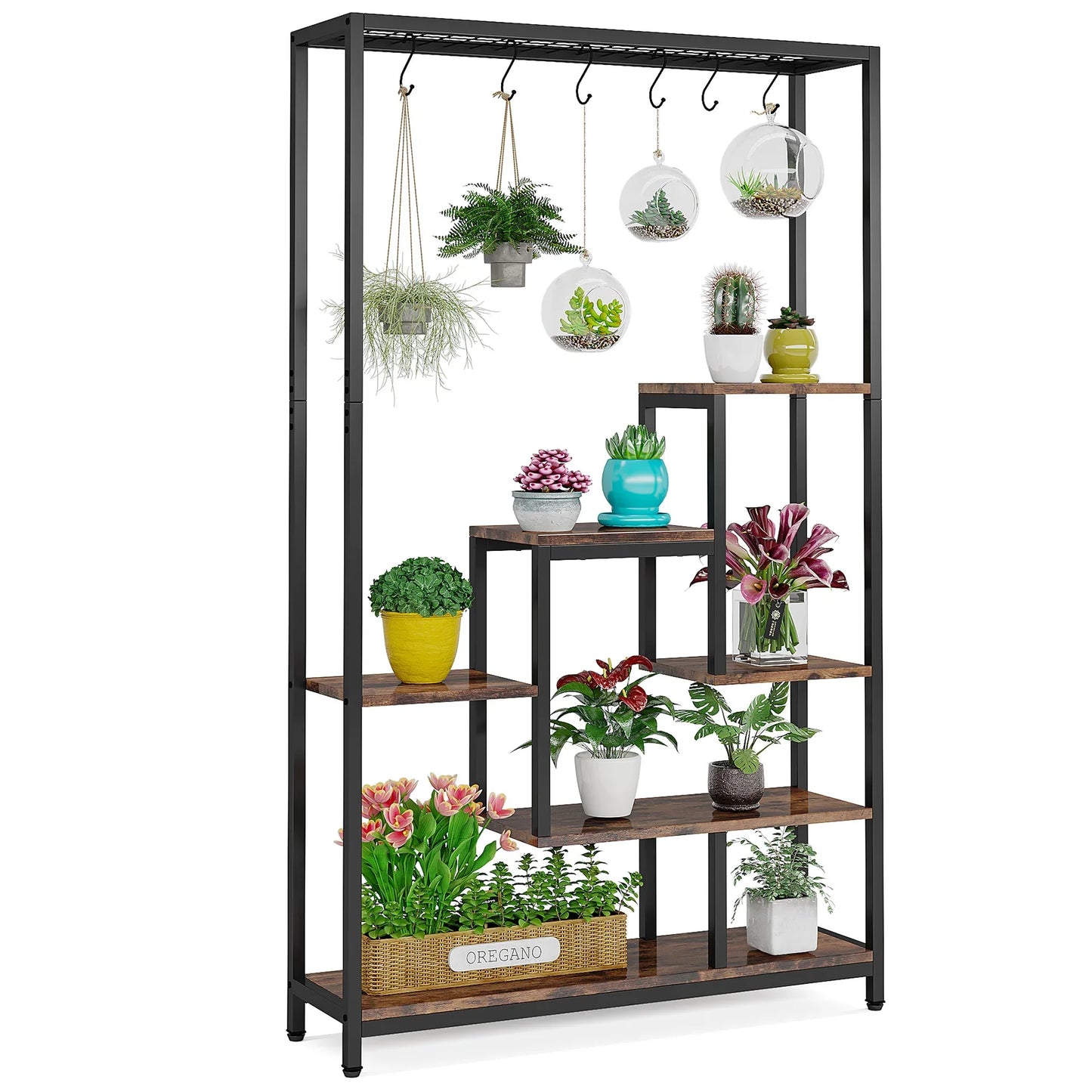 Tribesigns 5-Tier Tall Indoor Plant Stand, 70.9" Large Metal Plant Shelf with 10 Hanging Hooks for Garden, Balcony, Living Room & Patio