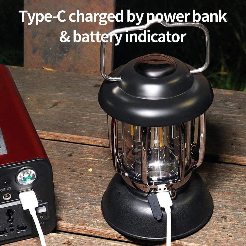 Outdoor Vintage Camping Lantern USB Rechargeable Retro LED Light Portable Waterproof Emergency Lamp