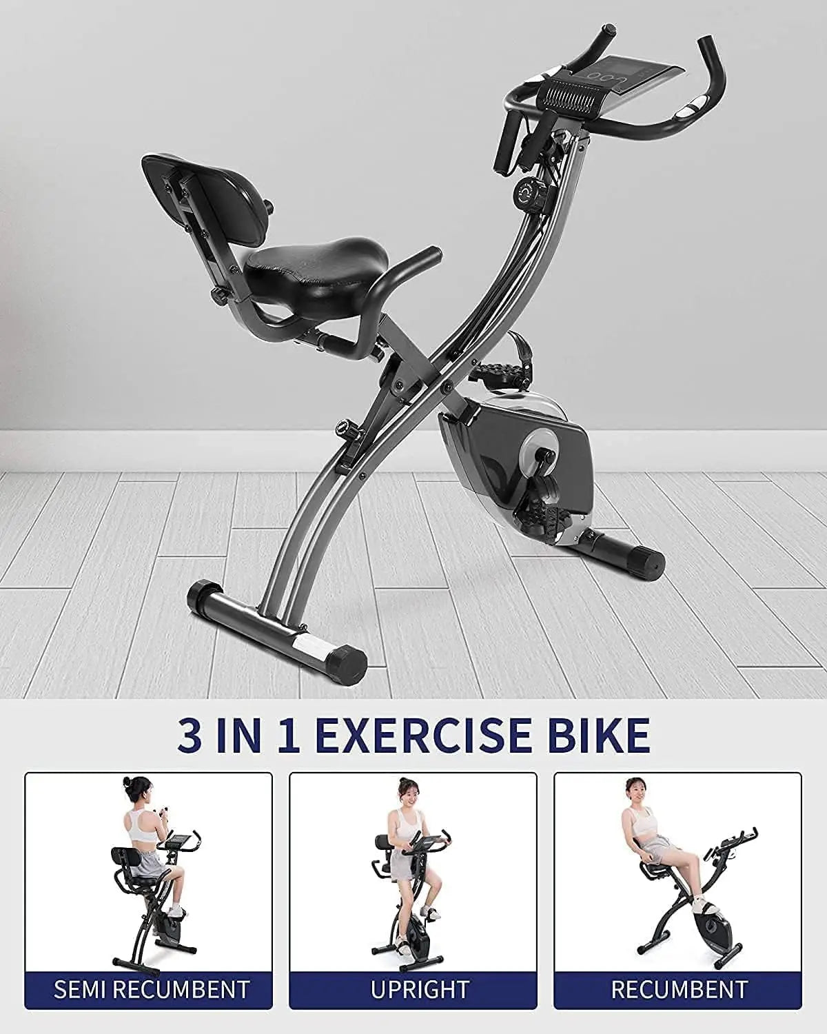 3-in-1 Folding Exercise Bike Stationary Bike with Magnetic Resistance, LCD Monitor & Resistance Bands for Home Use