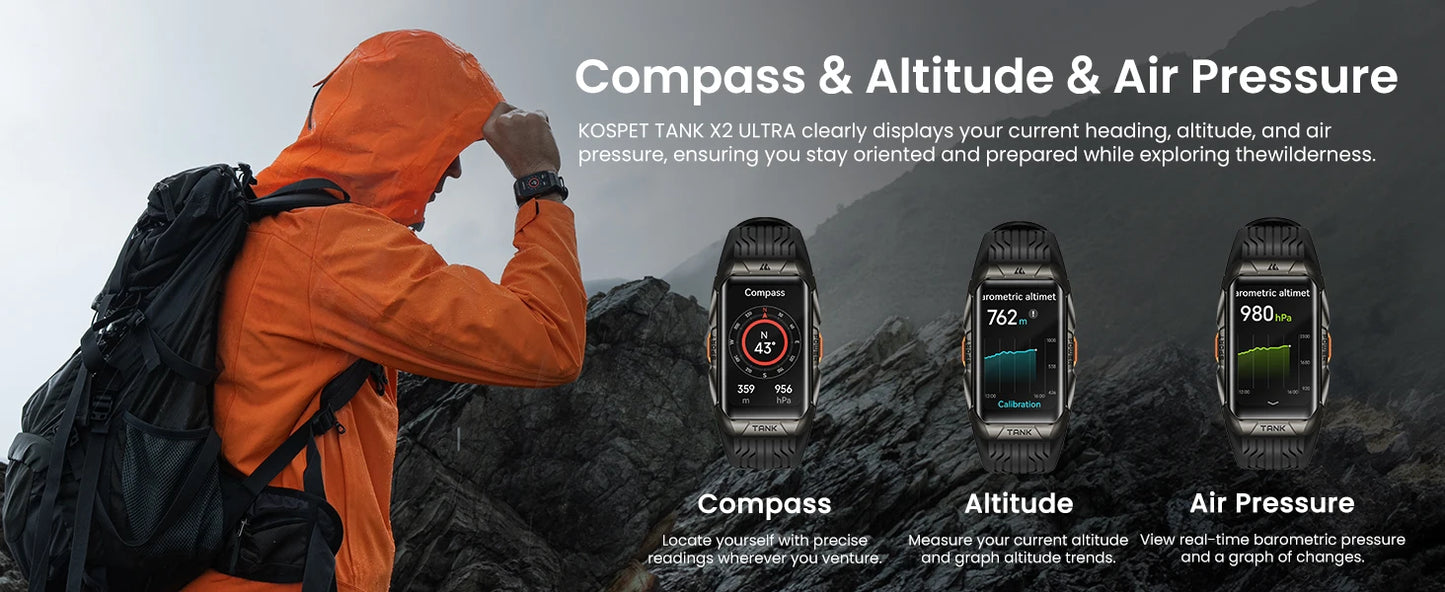 KOSPET TANK X2 Ultra GPS Smart Watch – Military Grade, 3D Curved AMOLED Display, Compass & Altimeter, Waterproof Smartwatch