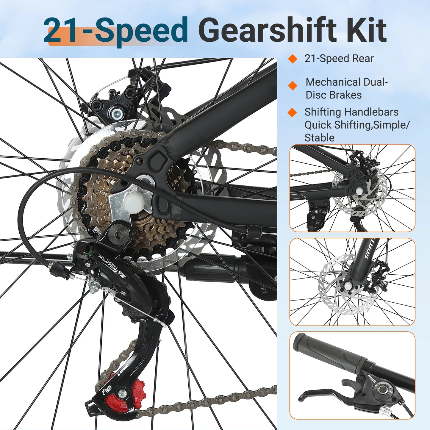 SPATIAL 29 Inch Mountain Bike 21 Speed Aluminum Frame Lightweight Adult Bicycle with Dual Disc Brakes for Men Women