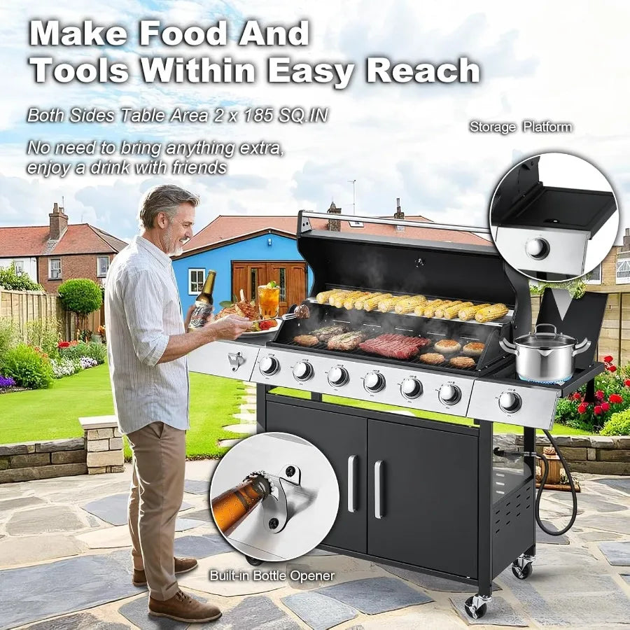 60000 BTU Stainless Steel 6 Burner Propane BBQ Grill with Side Stove – Cast Iron Grates – Outdoor Patio Gas Grill for Backyard, Camping & Tailgating – 600 Sq. In. Cooking Area