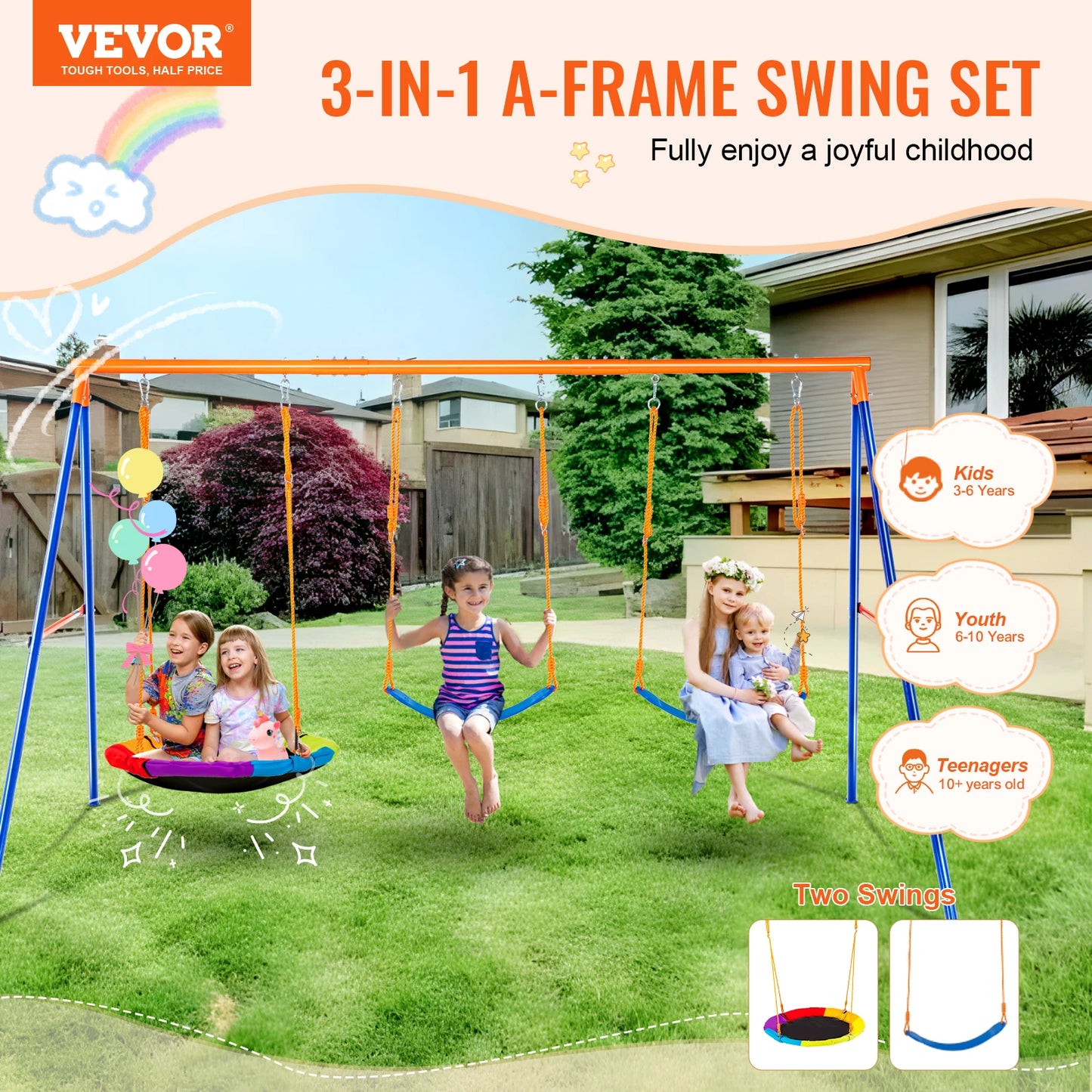 VEVOR 3-in-1 Heavy-Duty Swing Set for Backyard – 600lbs Capacity Outdoor Playset with Saucer & Belt Swings – Rust & Water Resistant, Easy Assembly for 3 Kids
