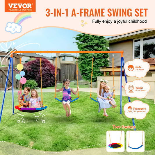 VEVOR 3-in-1 Heavy-Duty Swing Set for Backyard – 600lbs Capacity Outdoor Playset with Saucer & Belt Swings – Rust & Water Resistant, Easy Assembly for 3 Kids