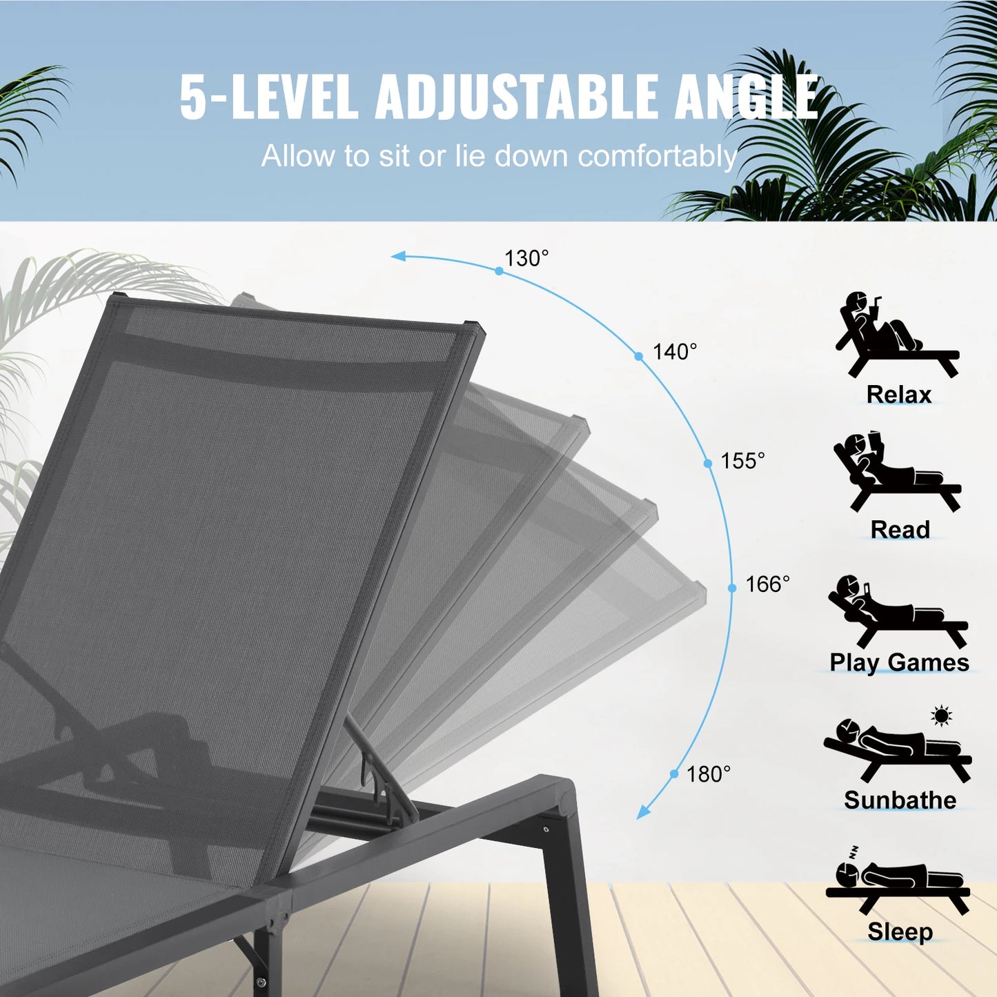 SucceBuy Chaise Lounge Chair Outdoor Aluminum Patio Lounge Folding Pool Lounge Recliner Full Flat