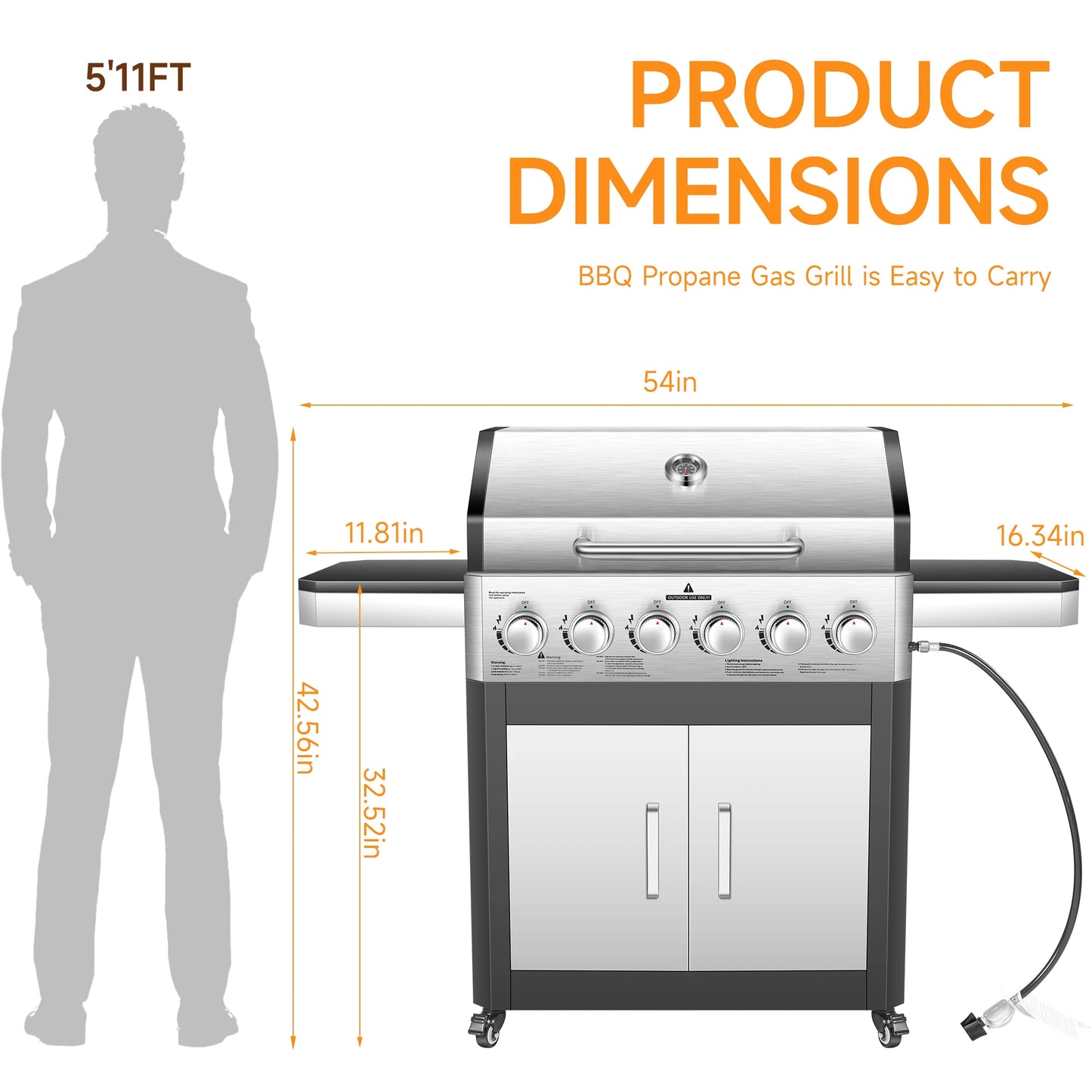 6 Burner Propane Gas Grill, 60,000 BTU Cabinet Outdoor BBQ with Warming Rack, 643 Sq. In. Cooking Area