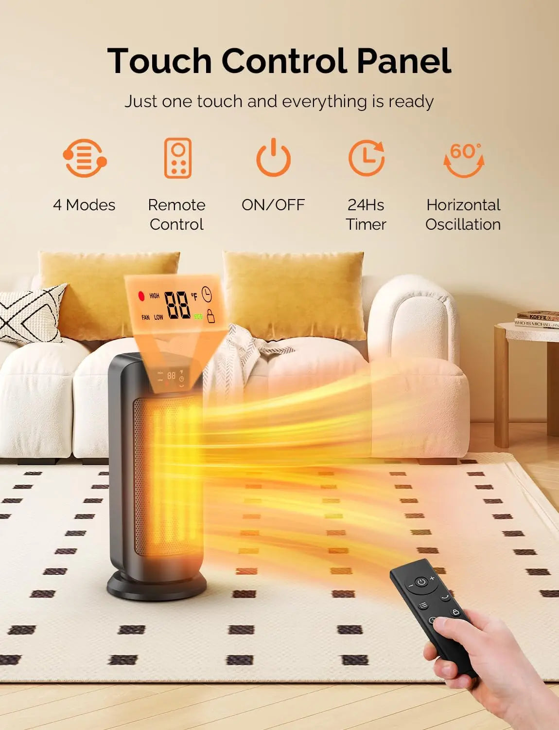 Portable 1500W Ceramic Heater with Thermostat, Oscillation, ECO Mode & Remote – Safe & Smart Indoor Heating