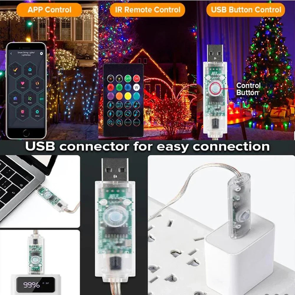 30M USB Smart RGB Christmas String Lights – Bluetooth APP Control, Waterproof Fairy Lights