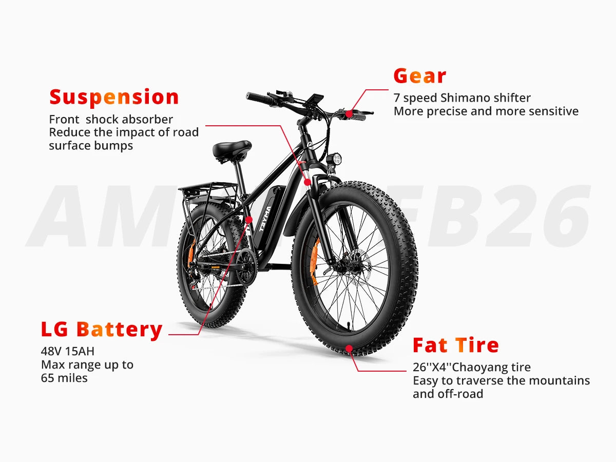 AMYET EB26 1000W Electric Bike with 26" Fat Tires & 48V Battery