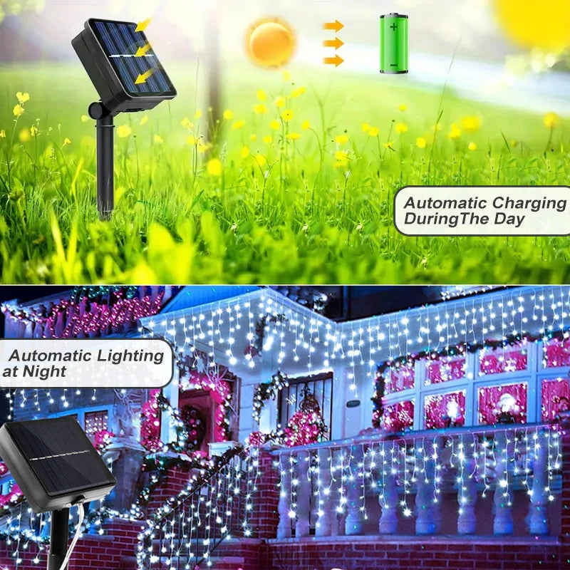 Solar LED Eaves Icicle String Lights 8 Lighting Modes Outdoor Waterproof Christmas Decorations