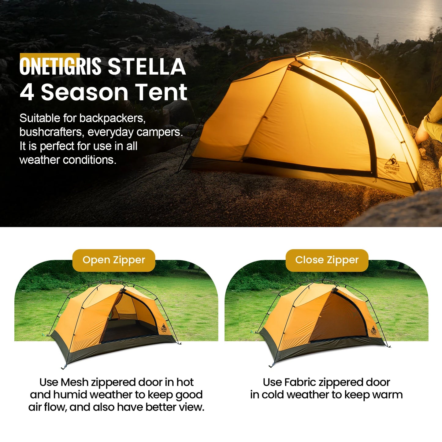 OneTigris STELLA 4 Season Camping Tent – Lightweight Waterproof Backpacking Tent for 1-2 Person Outdoor Adventures