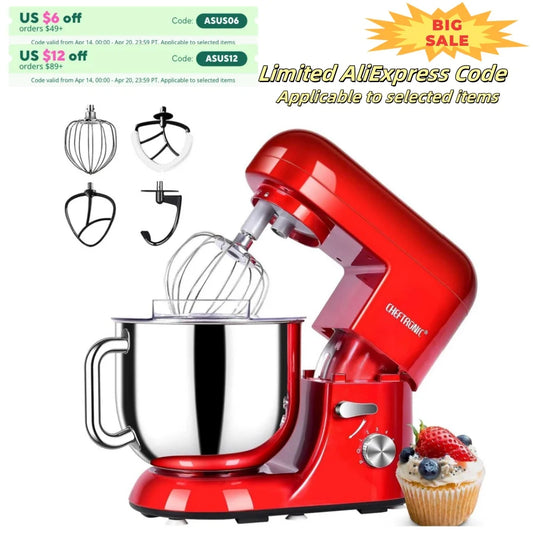 CHEFTRONIC 6-Speed Electric Stand Mixer with 7-Quart Stainless Steel Bowl, Dough Hook & Egg Whisk – Powerful 650W Tilt-Head Kitchen Mixer