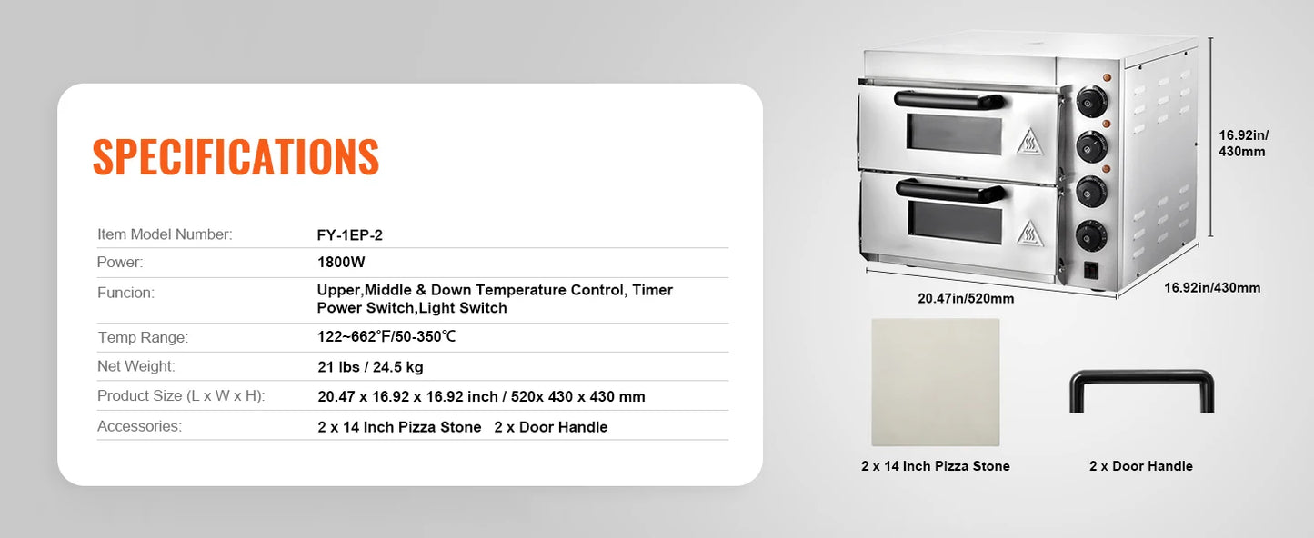 VEVOR 16" Countertop Electric Pizza Oven with Dual Heating Tubes & Adjustable Temp Control, Stainless Steel Commercial Pizza Maker