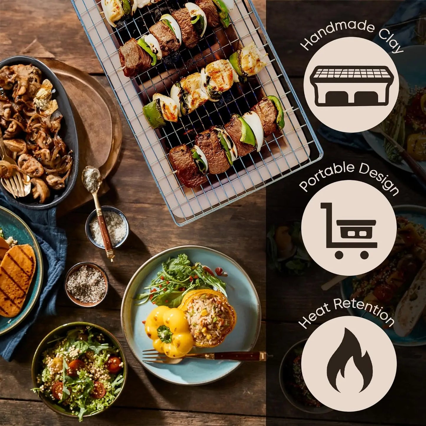 Yakatori Japanese Tabletop Charcoal Grill – Handmade Clay BBQ with Adjustable Vents, Chrome Cooking Grate & Internal Charcoal Trays | 18” Tan Outdoor Grill