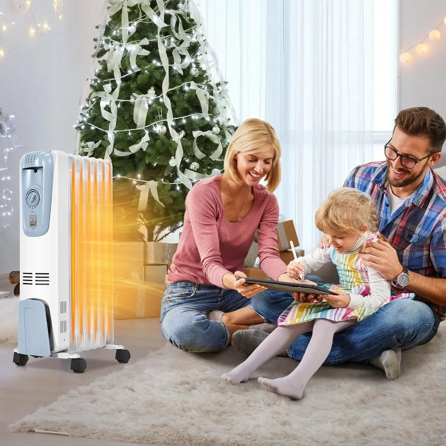 1500W Oil Heater Portable Oil Space Heater w/ Adjustable Thermostat, 3 Heat Settings, Overheat & Tip-Over Protection