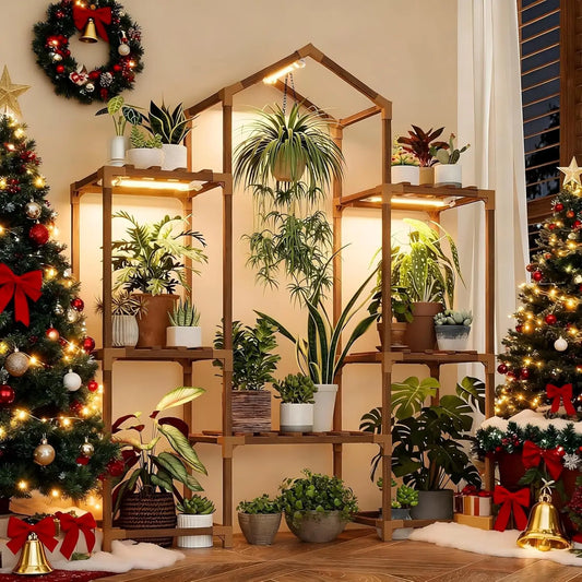 Wood Plant Shelf with Grow Lights Indoor Multi-Tier Plant Stand for Hanging Planters, Living Room Patio Garden Display Rack
