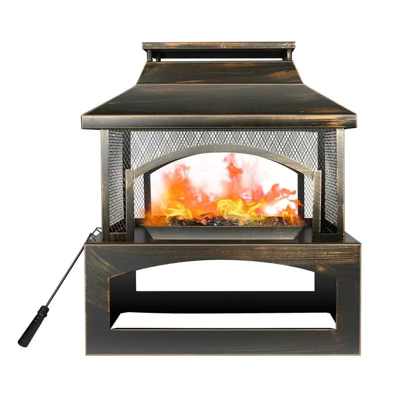 37" Outdoor Fire Pit with Wood Storage, Large Wood-Burning Fireplace with Chimney, Mesh Spark Screen & Fire Poker, Perfect for
