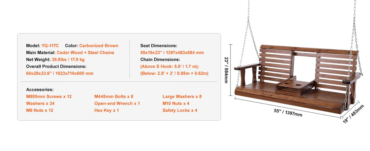 Wooden Porch Swing 5 FT – Heavy-Duty Outdoor Hanging Bench