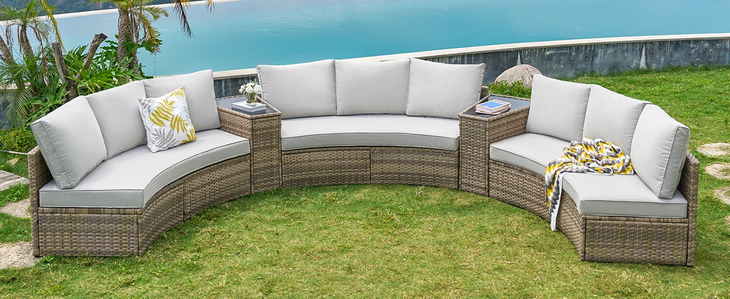 Patio Furniture Sets, 11 Piece Half-Moon Sectional Round Sofa Set, Outdoor Patio Furniture with Cushions & Wedge Table