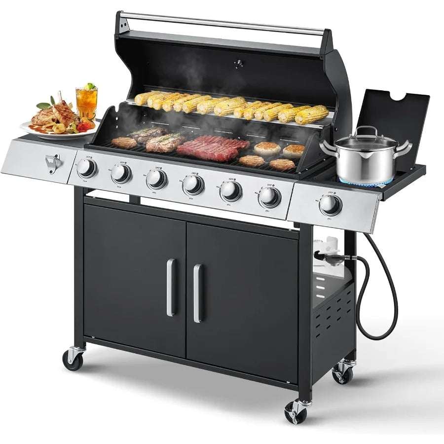 60000 BTU Stainless Steel 6 Burner Propane BBQ Grill with Side Stove – Cast Iron Grates – Outdoor Patio Gas Grill for Backyard, Camping & Tailgating – 600 Sq. In. Cooking Area