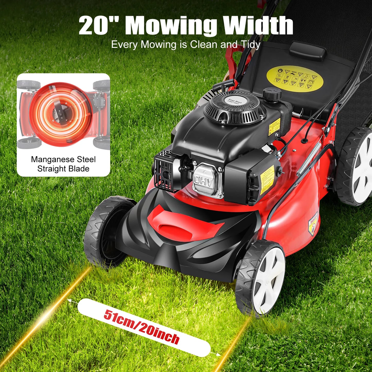 Self-Propelled Gas Lawn Mower 5HP 140CC, 20 Inch Cutting Width with 60L Grass Bag, 8 Height Adjustable 4-Stroke Engine