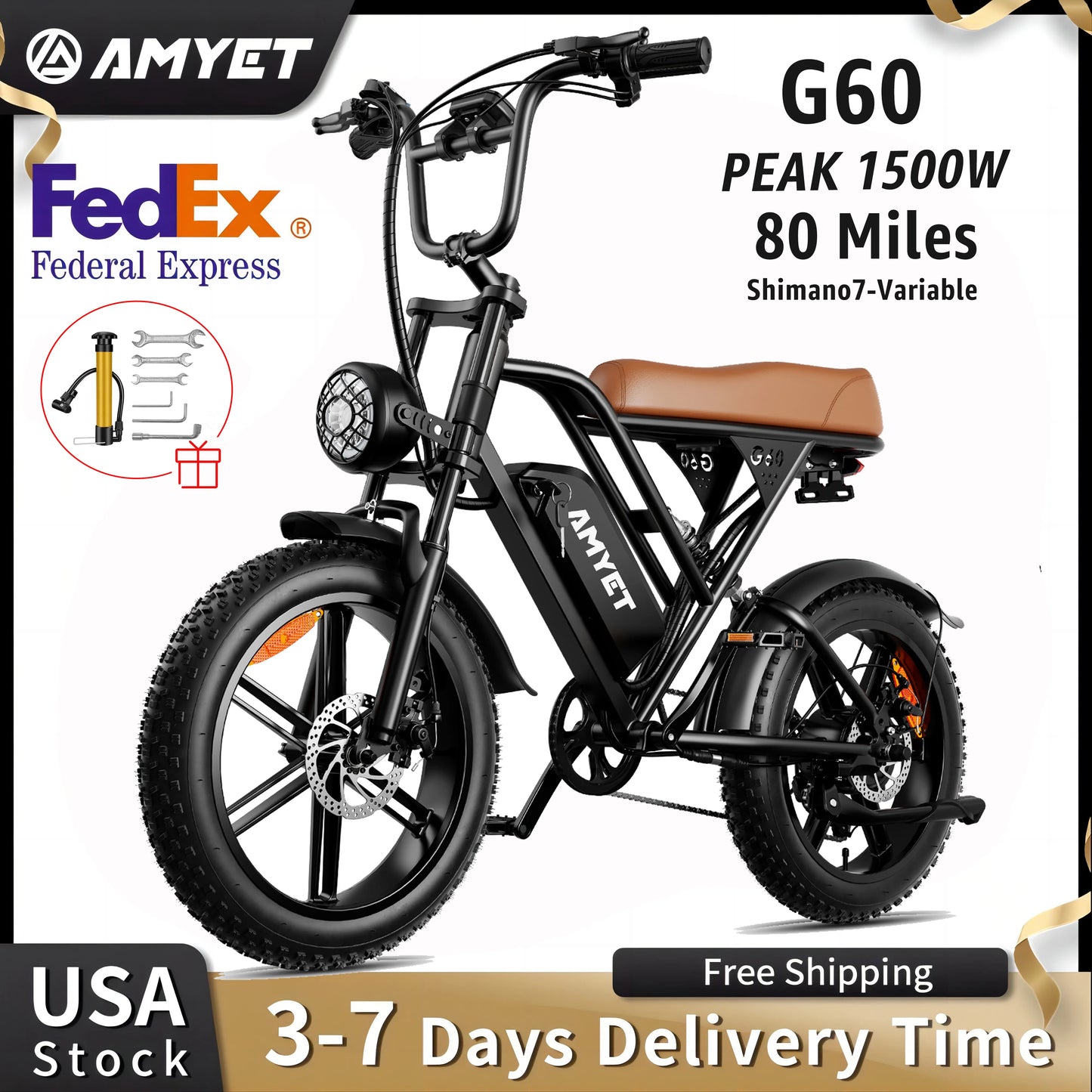 AMYET V9-G60 Electric Bike – 1000W Motor, 48V 20Ah Battery, Fat Tire E-Bike with Shimano 7-Speed & Dual Suspension