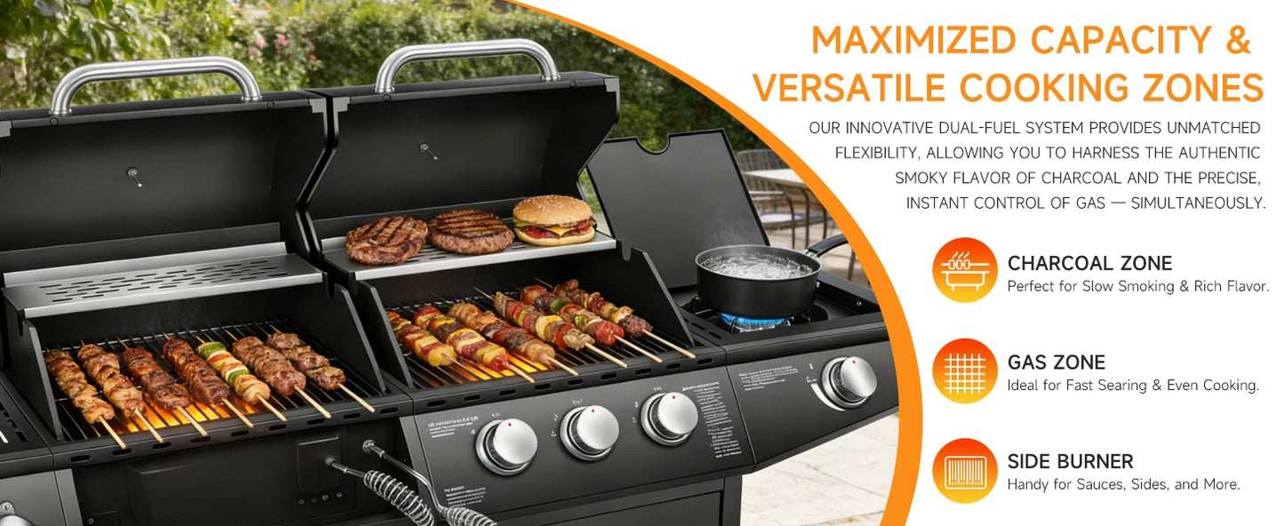 Dual Fuel Gas & Charcoal Grill with Side Burner – 3+1 Burners, 40,000 BTU, 713.5 Sq. In. Cooking Area