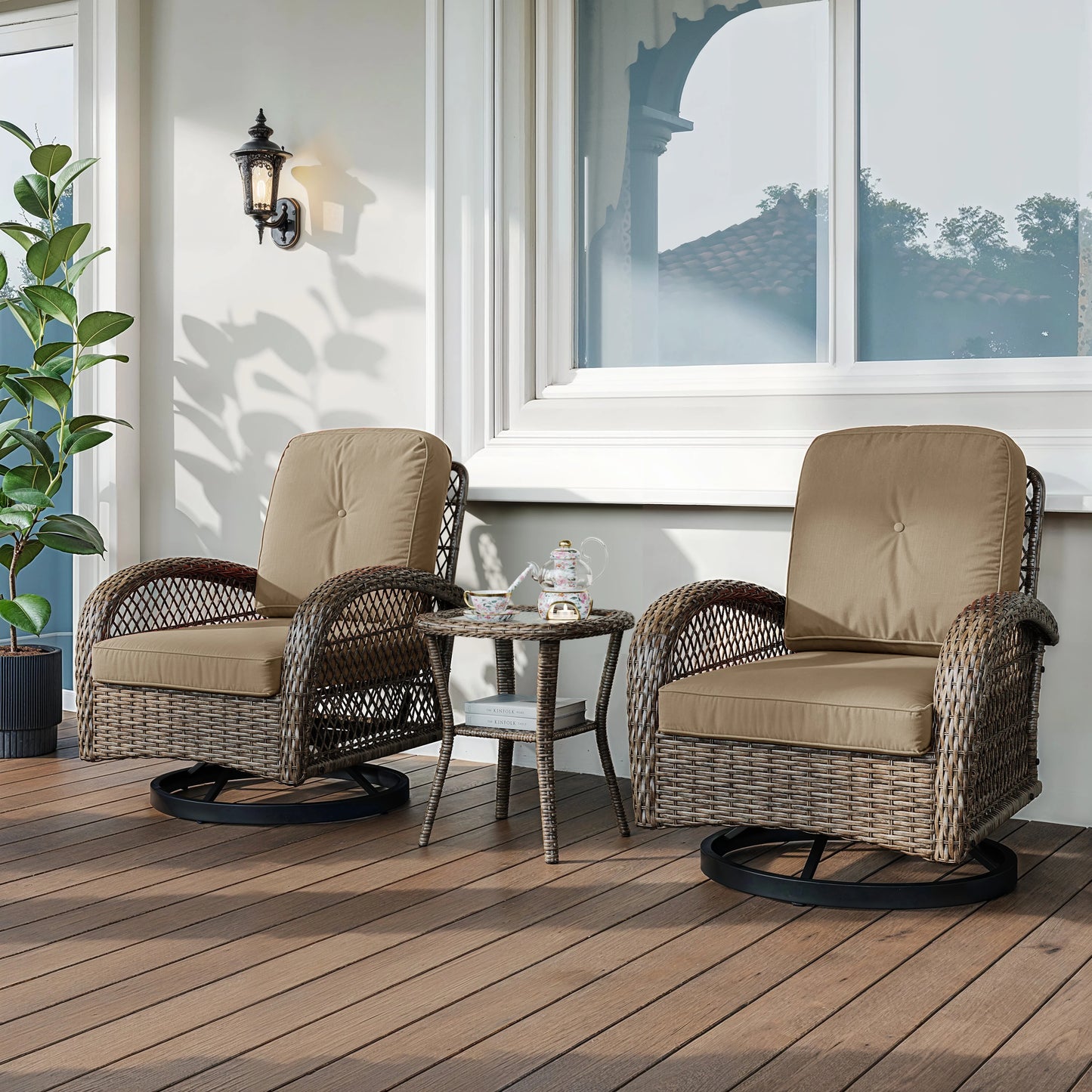 3-Piece Patio Bistro Set with Swivel Rocking Chairs & Glass Coffee Table
