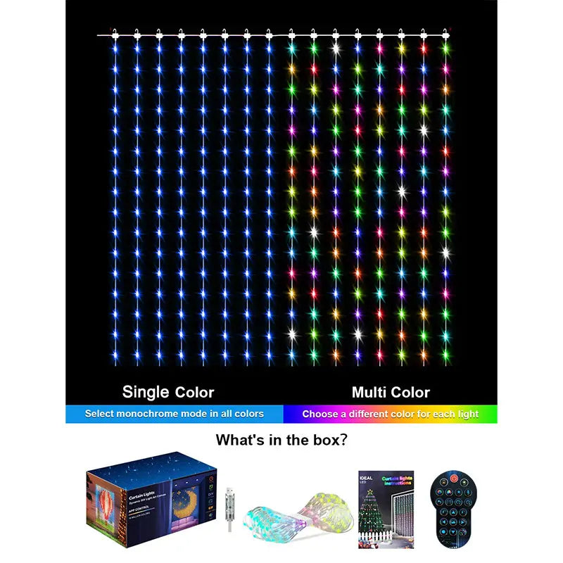 LED RGB Controlled Text Programmable Music Sync Remote Smart App String Fairy Lights Curtain