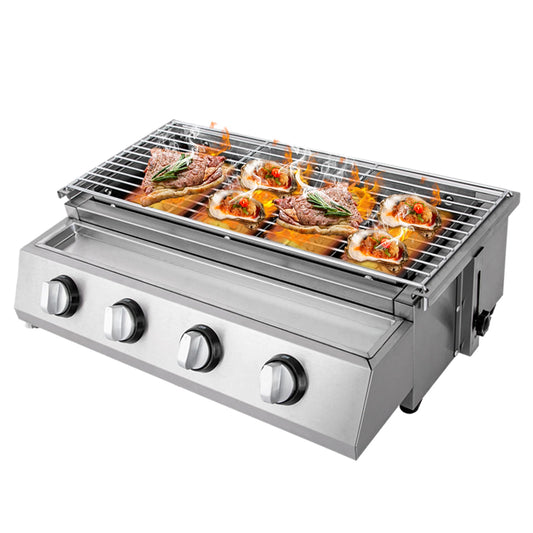 Portable 4-Burner Stainless Steel LPG Gas Grill – Smokeless Tabletop BBQ Grill with Adjustable Height and Removable Grate for Outdoor Cooking