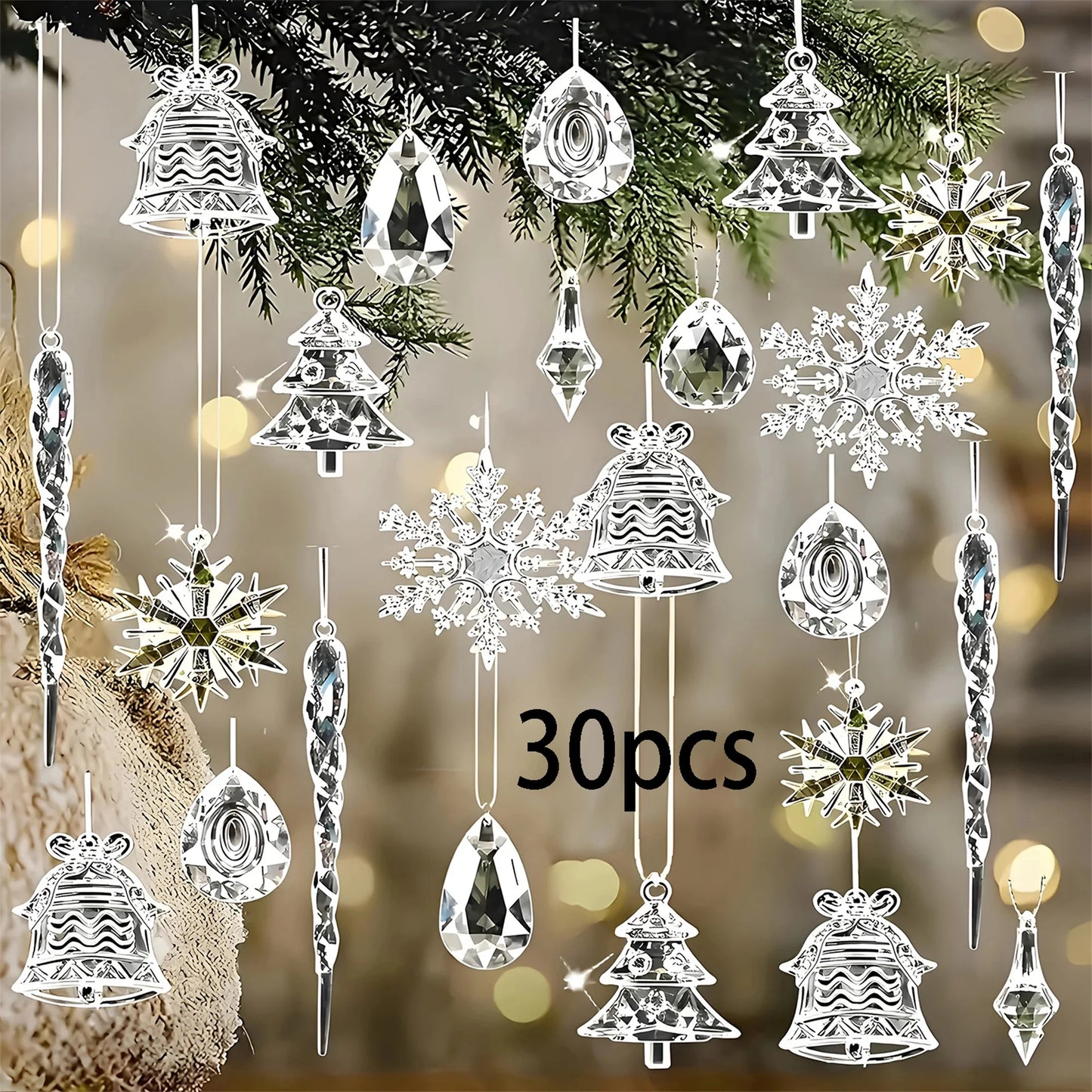 Frosted Glass Snowflake Ornament Set - 30 Pieces Elegant Christmas Tree Hanging Decorations Winter Holiday Icicle Theme
