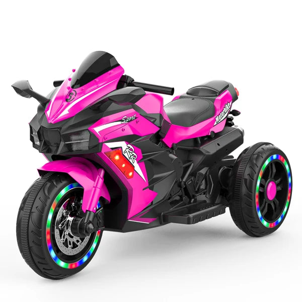 12V Electric Ride-On Motorcycle for Kids with LED Wheels, Music, & Bluetooth – Pink 3-Wheel Trike