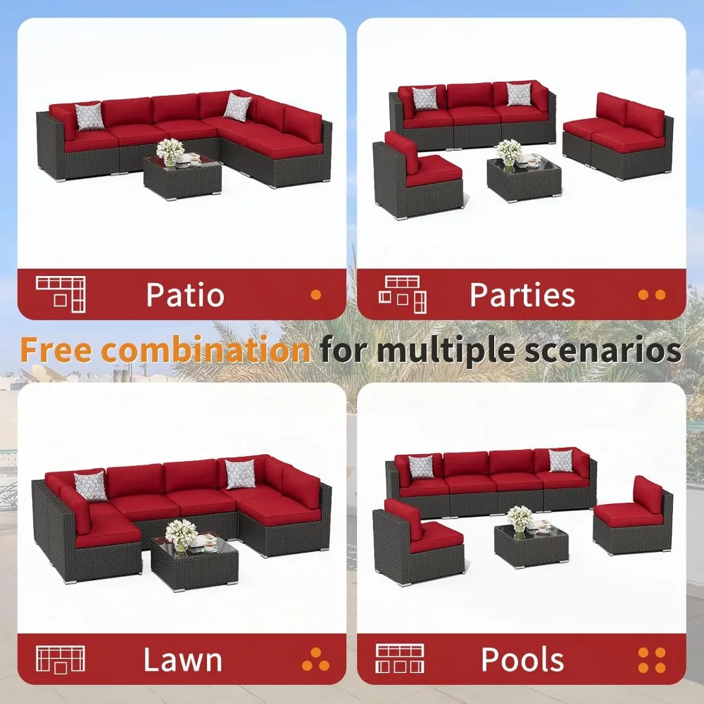 7-Piece Outdoor Patio Furniture Set – Wicker Sectional Sofa with Cushions & Glass Coffee Table