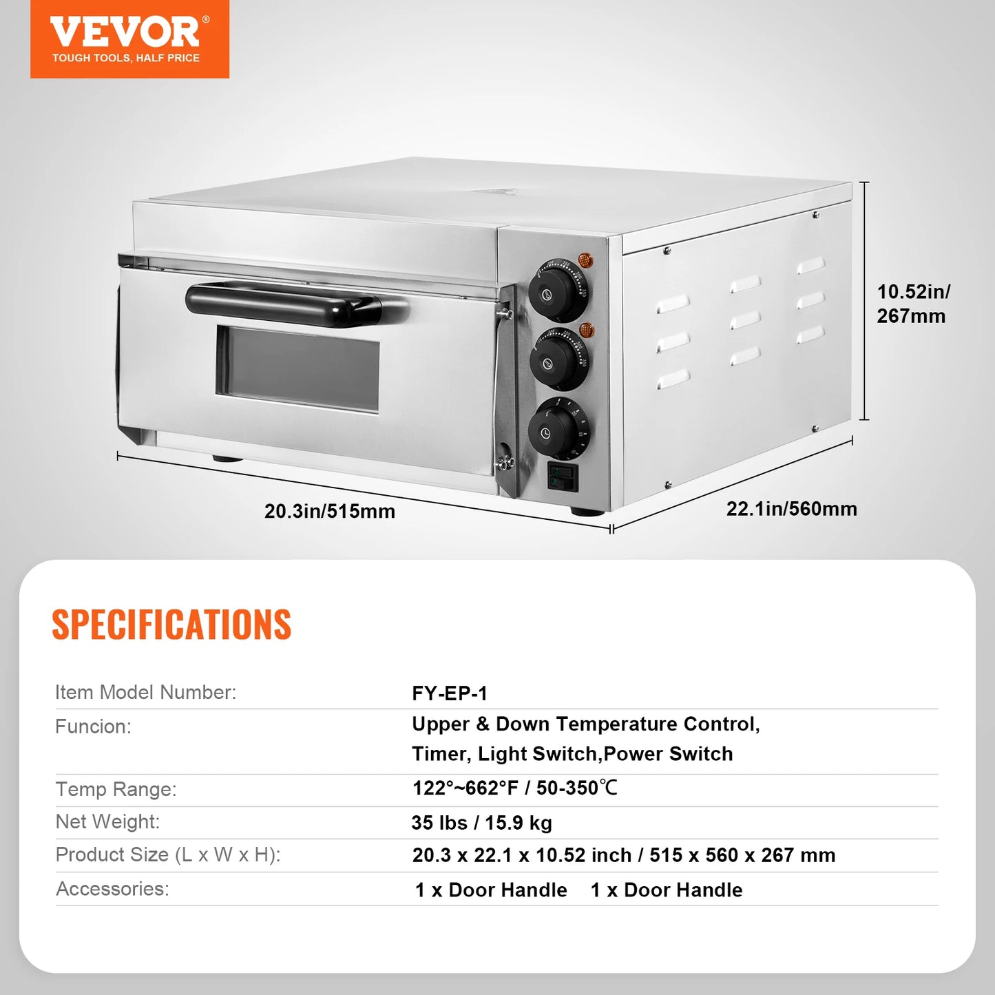 VEVOR 16" Countertop Electric Pizza Oven with Dual Heating Tubes & Adjustable Temp Control, Stainless Steel Commercial Pizza Maker