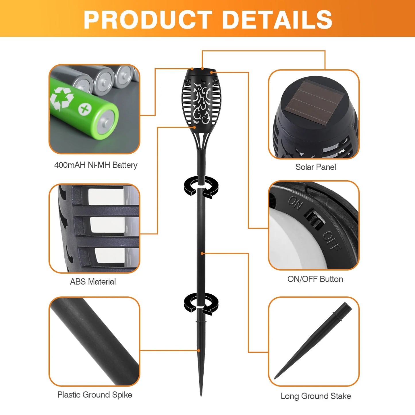 Solar Powered LED Flame Lights - 6 Pack - Flickering Flame Effect