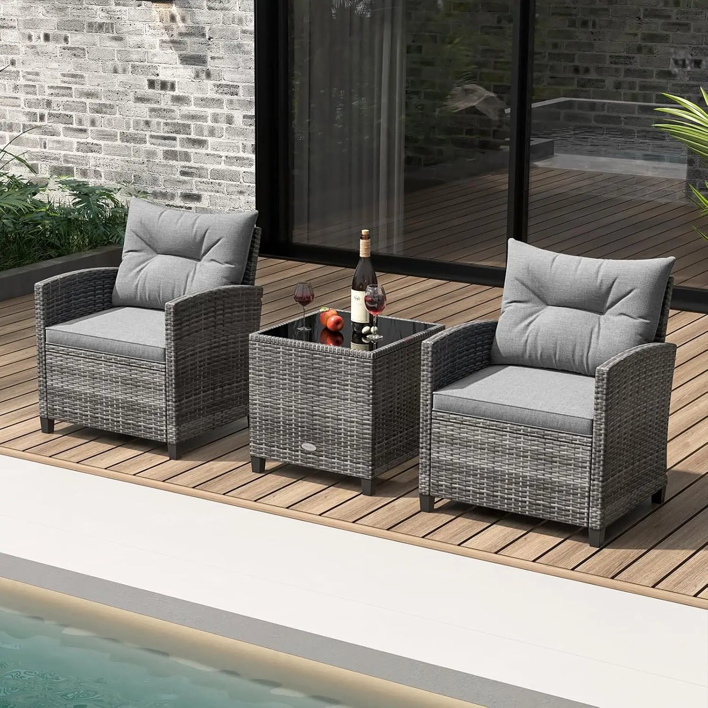 3-Piece Patio Furniture Set Outdoor PE Rattan Conversation Set with Cushions & Glass Table