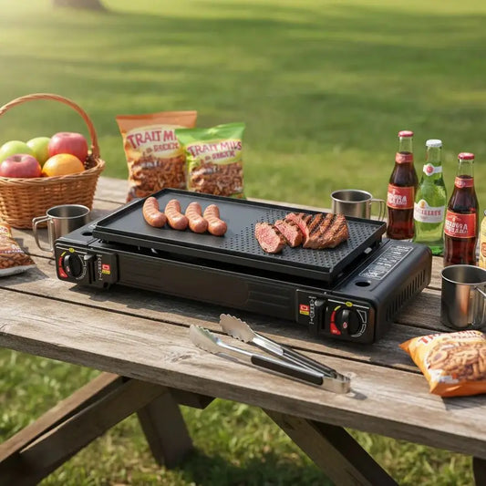 2-BURNER CAMPING STOVE PORTABLE GAS STOVE KIT WITH BAKING TRAY – OUTDOOR COOKING GRILL WITH CARRYING CASE, 2X2500W BURNERS, LPG COMPATIBLE