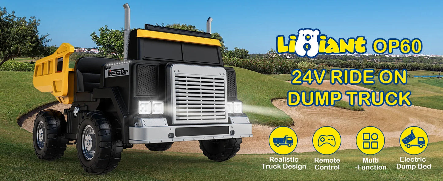 LIGIANT 24V Ride-On Dump Truck for Big Kids – 2-Seater Electric Truck with Remote Control, Power Dump Bed, 4WD Switch, Bluetooth & Suspension